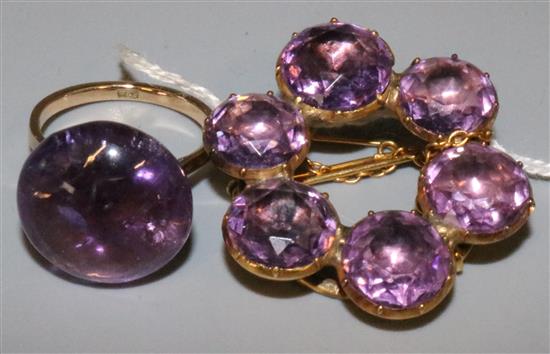 Amethyst and gold brooch and ring